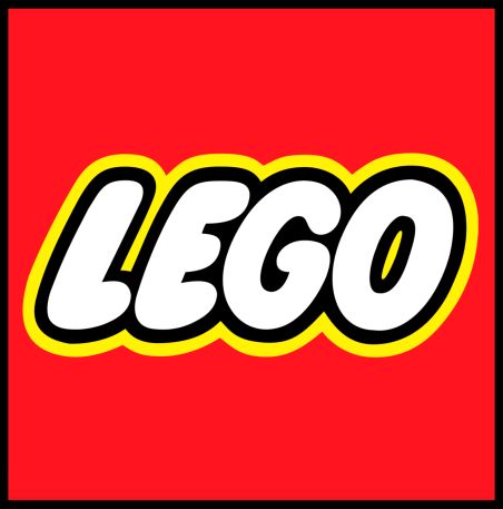 LEGO logo with red background, yellow, black and white font.